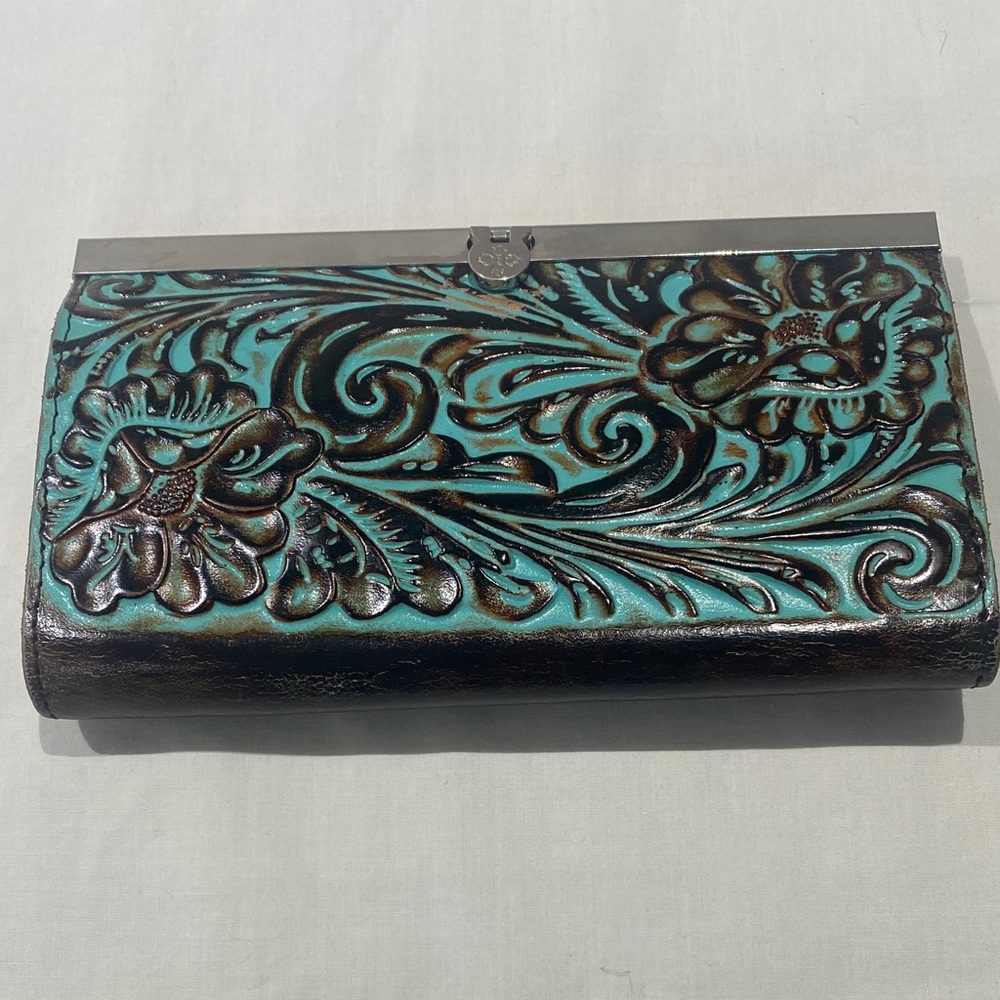 Patricia Nash Turquoise Tooled Floral Leather Wallet Clutch